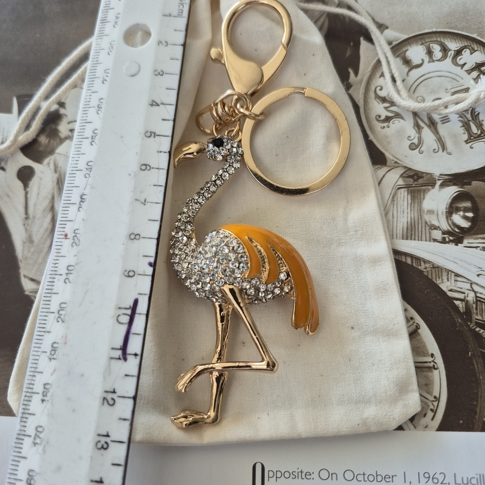 Gold And Caramel .Flamingo Keychain / Purse Charm Encrusted With Rhisnestones - Picture 7 of 7